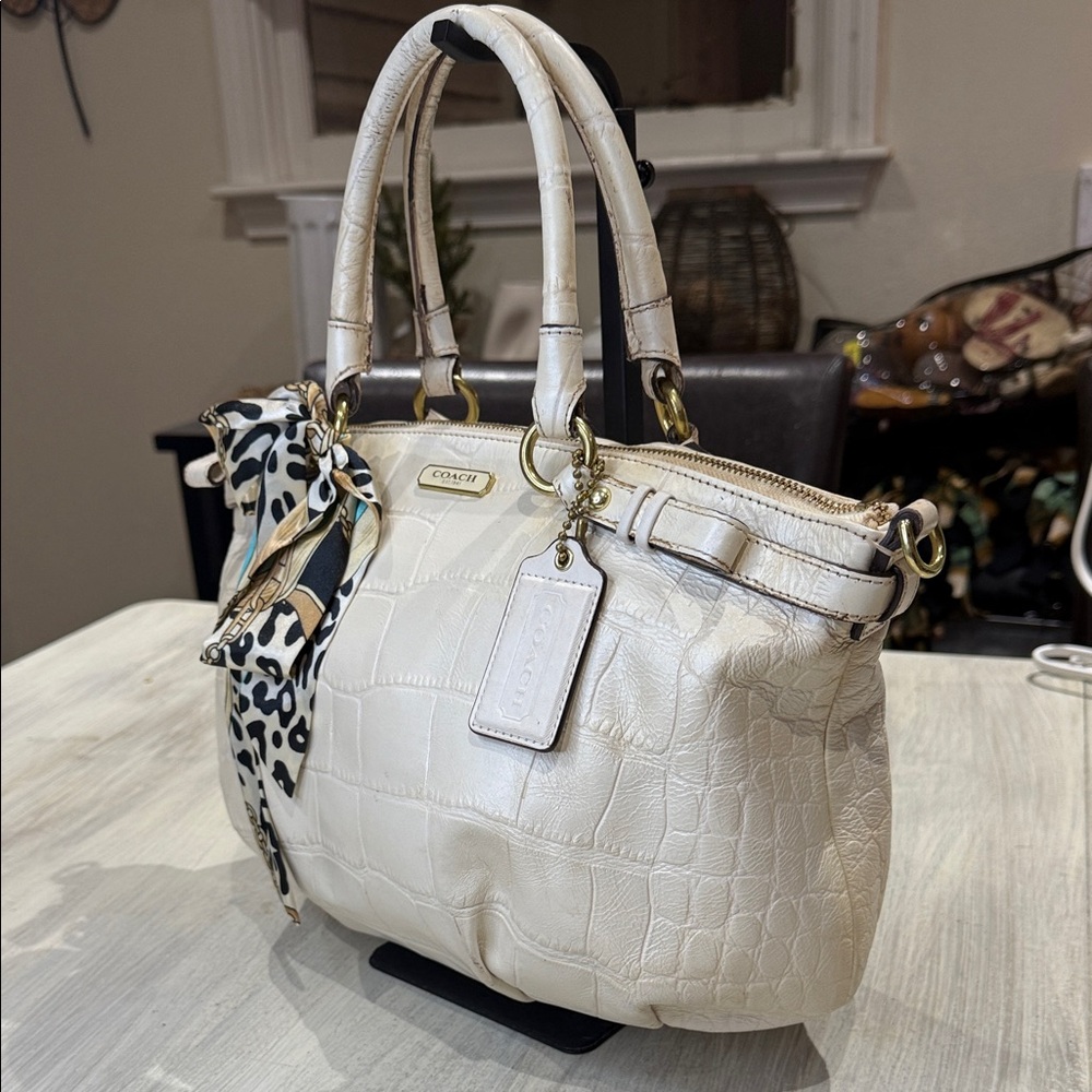 Coach Ivory Croc-Embossed Satchel with Scarf